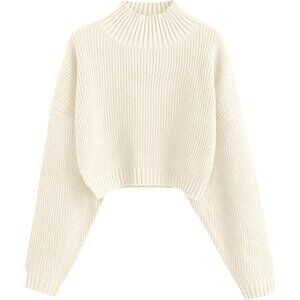 Women's White Cropped Turtleneck Sweater Lantern Sleeve Ribbed Knit Pullover